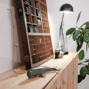 Dekorative Holzkommode mit antikem Druckstock, einer kleinen Walfigur, einer Kamera und einer modernen Schreibtischlampe, umgeben von einer Pflanze.