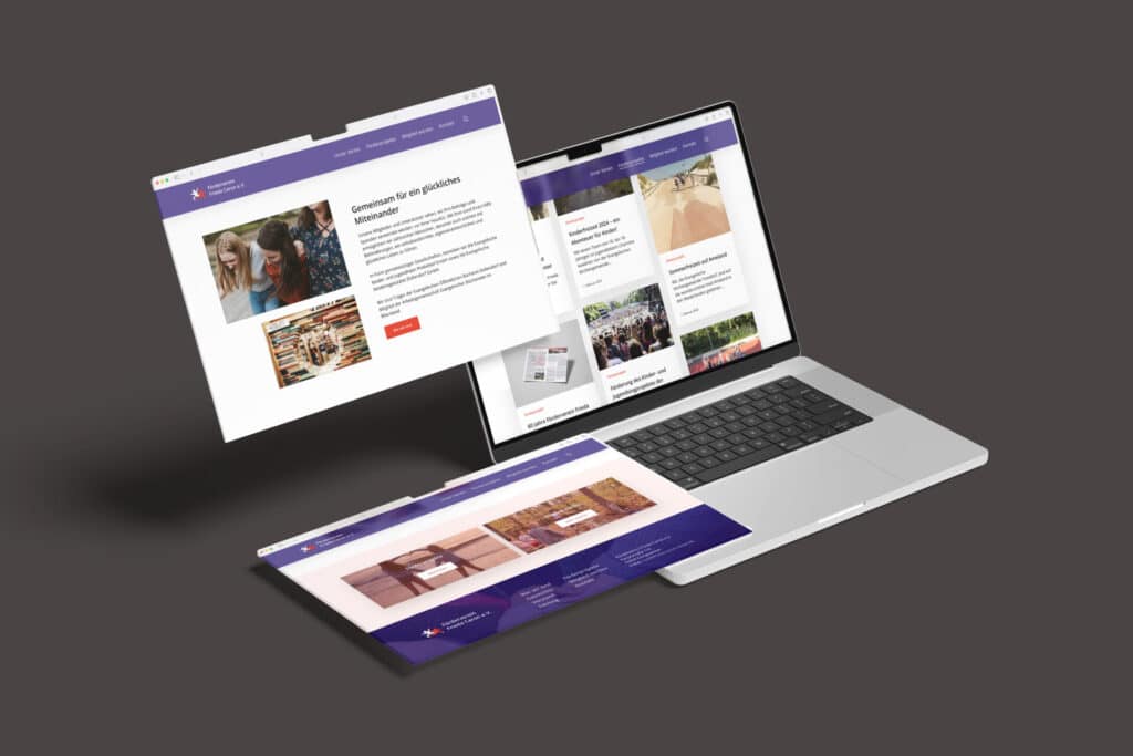 Laptop mit geöffneten Webseiten, die Informationen und Bilder präsentieren, auf einem dunklen Hintergrund. Ideal für digitale Marketing- oder Webdesign-Dienstleistungen.