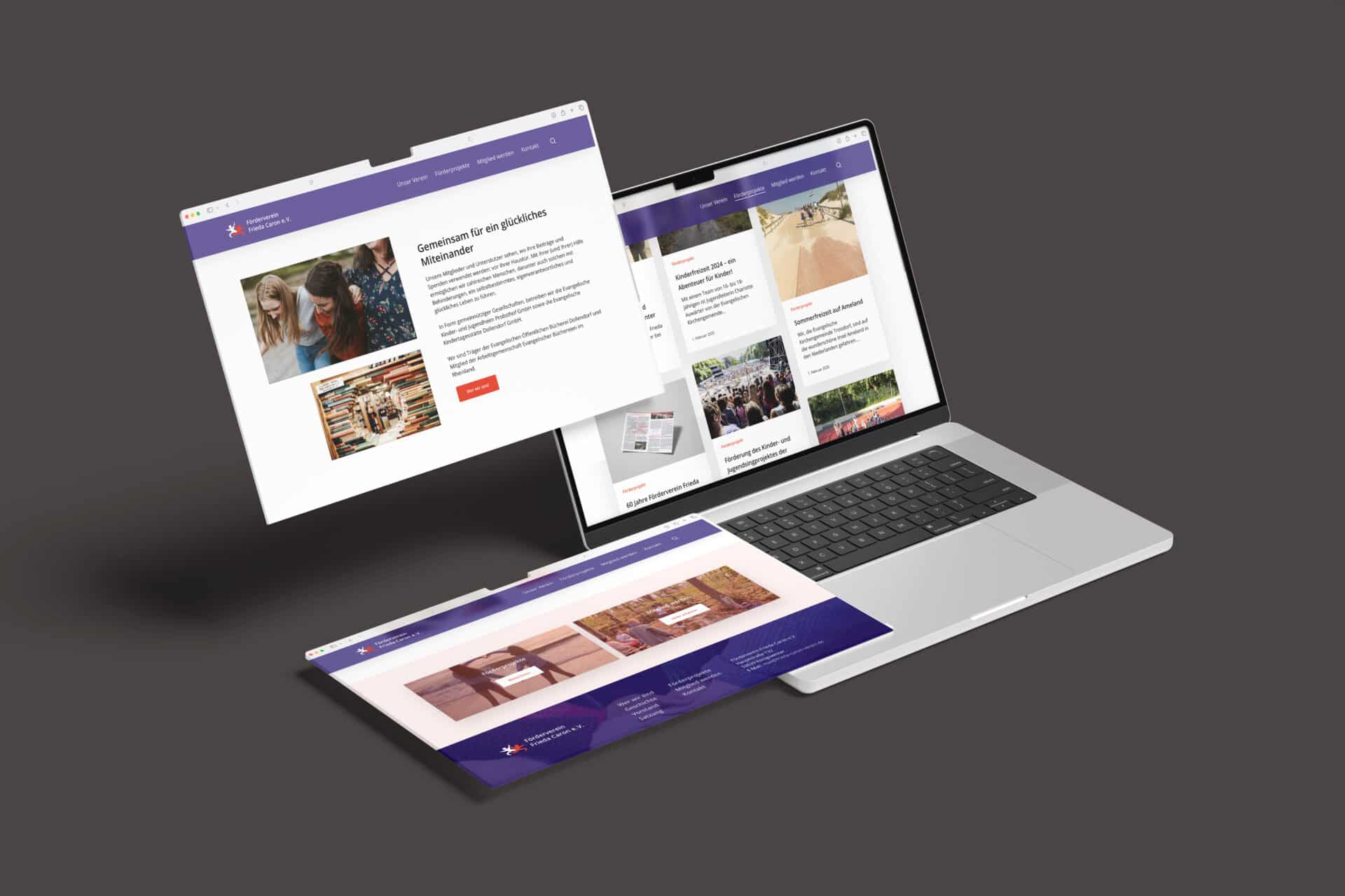 Laptop mit geöffneten Webseiten, die Informationen und Bilder präsentieren, auf einem dunklen Hintergrund. Ideal für digitale Marketing- oder Webdesign-Dienstleistungen.