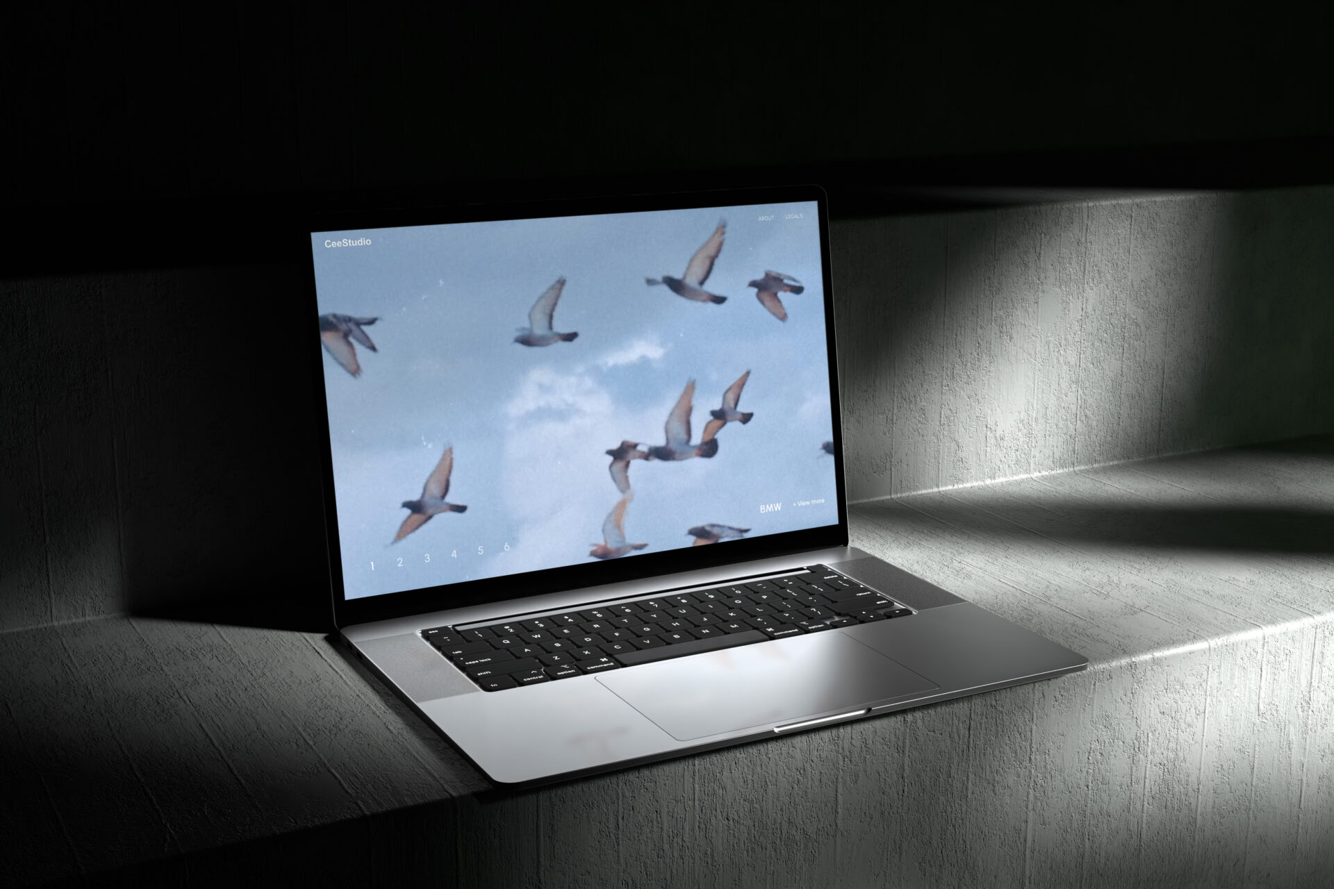 Laptop mit einem Hintergrundbild von fliegenden Vögeln, beleuchtet von sanftem Licht auf einer dunklen Oberfläche.
