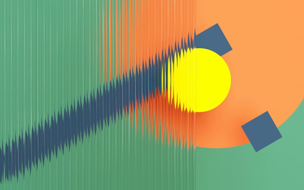 Abstrakte geometrische Komposition mit einem gelben Kreis und blauen Formen auf einem bunten Hintergrund in Grün und Orange. Ideal für moderne Kunst- und Grafikdesign-Themen.