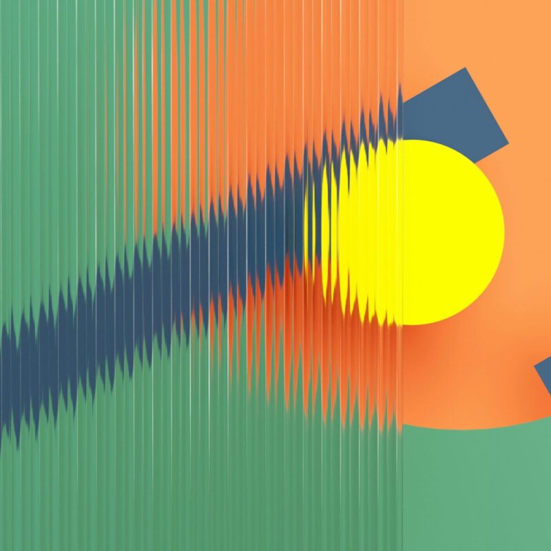 Abstrakte geometrische Komposition mit einem gelben Kreis und blauen Formen auf einem bunten Hintergrund in Grün und Orange. Ideal für moderne Kunst- und Grafikdesign-Themen.
