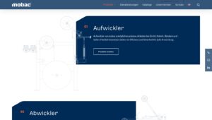 Detailansicht eines Aufwicklers auf einer Webseite mit technischen Zeichnungen und Informationen zu Funktionen und Anwendungen.