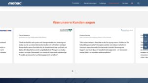 Kundenbewertungen auf der Webseite, die positive Rückmeldungen zu Dienstleistungen und Erfahrungen von Kunden zeigen.