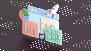 Grafische Darstellung eines SEO-Dashboards mit Diagrammen, Statistiken und einer Rakete, die Wachstum und digitale Optimierung symbolisiert.