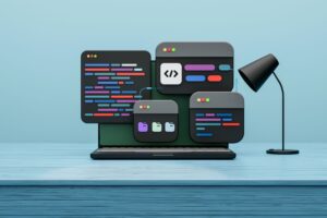 Laptop mit Programmiercode und grafischen Benutzeroberflächen, umgeben von einem Schreibtisch und einer Lampe, auf einem hellblauen Hintergrund.