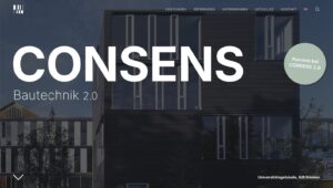 Moderne Architektur des Universitätsgebäudes IUB Bremen mit dem Schriftzug "CONSENS Bautechnik 2.0". Die Fassade zeigt große Fenster und eine stilvolle, dunkle Außenverkleidung.