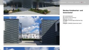 Neubau eines Handwerker- und Gewerbehofs in Wentorf bei Hamburg, gestaltet von Architekt Christian Bajorat. Das Gebäude besteht aus Aluminium und zeichnet sich durch moderne Architektur und eine ansprechende Fassadengestaltung aus.