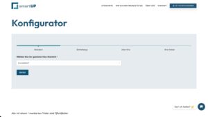 Konfigurator für Standortauswahl auf der smartUP-Website, mit der Möglichkeit, Düsseldorf als gewünschten Standort auszuwählen und weitere Optionen hinzuzufügen.