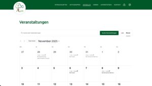 Kalenderansicht für Veranstaltungen im November 2021, mit hervorgehobenen Terminen und einer Schaltfläche für weitere Informationen.