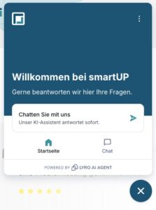 Willkommensbildschirm der smartUP-App mit der Aufforderung, Fragen zu stellen und den KI-Assistenz-Chat zu nutzen.
