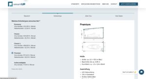 Technische Spezifikationen für Premium-Modelle, einschließlich Abmessungen und Eigenschaften wie LED-Beleuchtung und 120° Betrachtungswinkel.