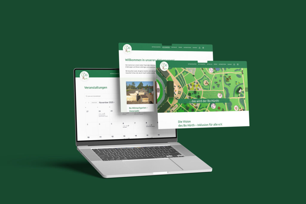 Laptop mit geöffneten Präsentationsfolien, die eine digitale Karte und Informationen zu einem Projekt zeigen. Der Hintergrund ist grün, was den Fokus auf die Inhalte der Folien lenkt.