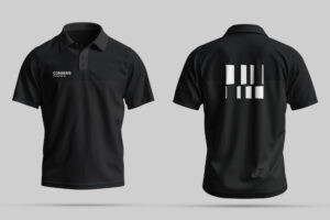 Schwarzes Polo-Shirt mit Logo auf der Vorderseite und grafischem Design auf der Rückseite, ideal für Firmenkleidung oder Freizeit.