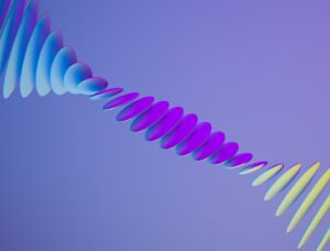 Abstrakte grafische Darstellung von wellenförmigen, farbverlaufenden Formen in Blau, Lila und Gelb auf einem sanften lila Hintergrund. Ideal für digitale Kunst und moderne Designprojekte.