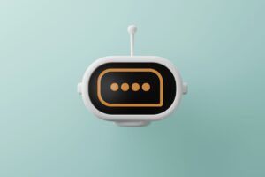 Roboter-Icon mit Sprechblase auf mintgrünem Hintergrund, symbolisiert digitale Kommunikation und künstliche Intelligenz.