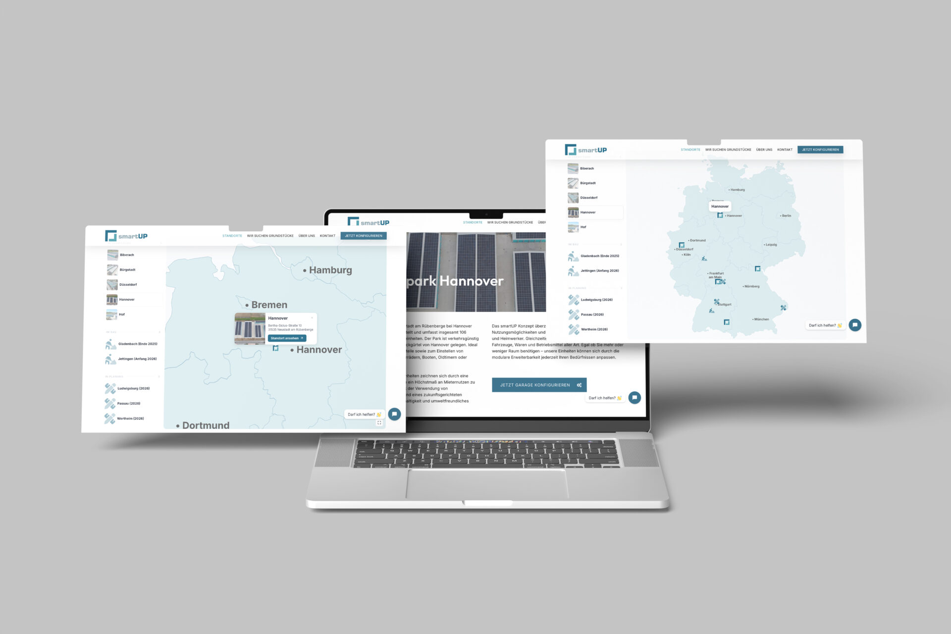 Laptop mit der smartUP-Website, die interaktive Karten und Informationen zu Standorten in Deutschland anzeigt, einschließlich Hannover und Bremen. Die Benutzeroberfläche ermöglicht die Konfiguration von Garagen und zeigt verschiedene Dienstleistungen an.