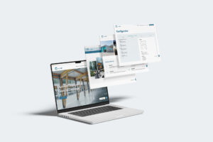 Laptop mit geöffnetem Bildschirm, der eine moderne Website und verschiedene Benutzeroberflächen zeigt, ideal für digitale Lösungen und Webdesign.