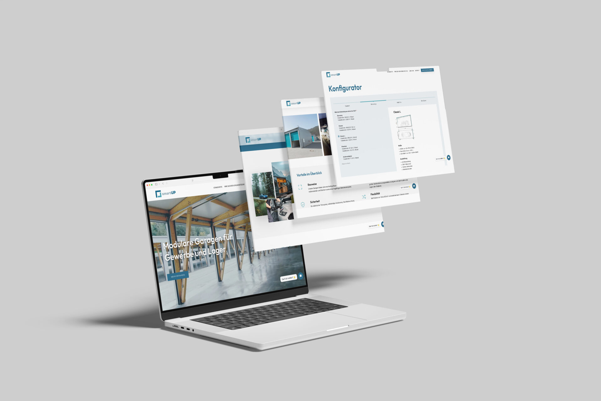 Laptop mit geöffneter Website von smartUP, die modulare Garagen für Gewerbe und Lager präsentiert. Auf dem Bildschirm sind der Konfigurator und verschiedene Ansichten der Garagen zu sehen.