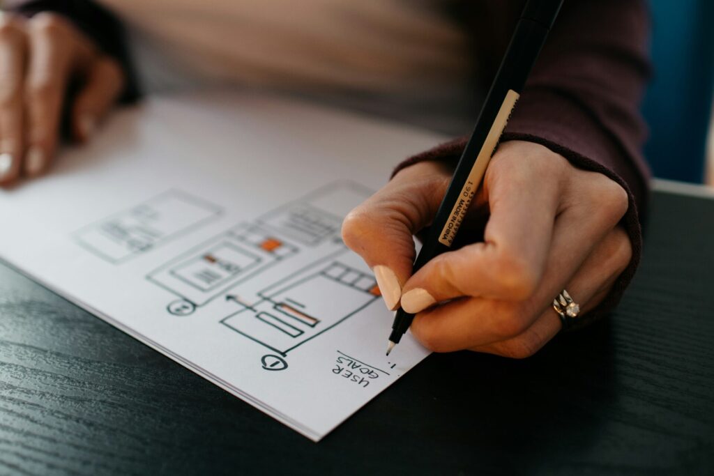 Eine Person zeichnet auf einem Blatt Papier, während sie mit einem schwarzen Stift Notizen macht. Auf dem Papier sind Skizzen und Diagramme zu sehen, die möglicherweise für ein Projekt oder eine Präsentation verwendet werden. Die Hand ist gut sichtbar und trägt einen Ring.
