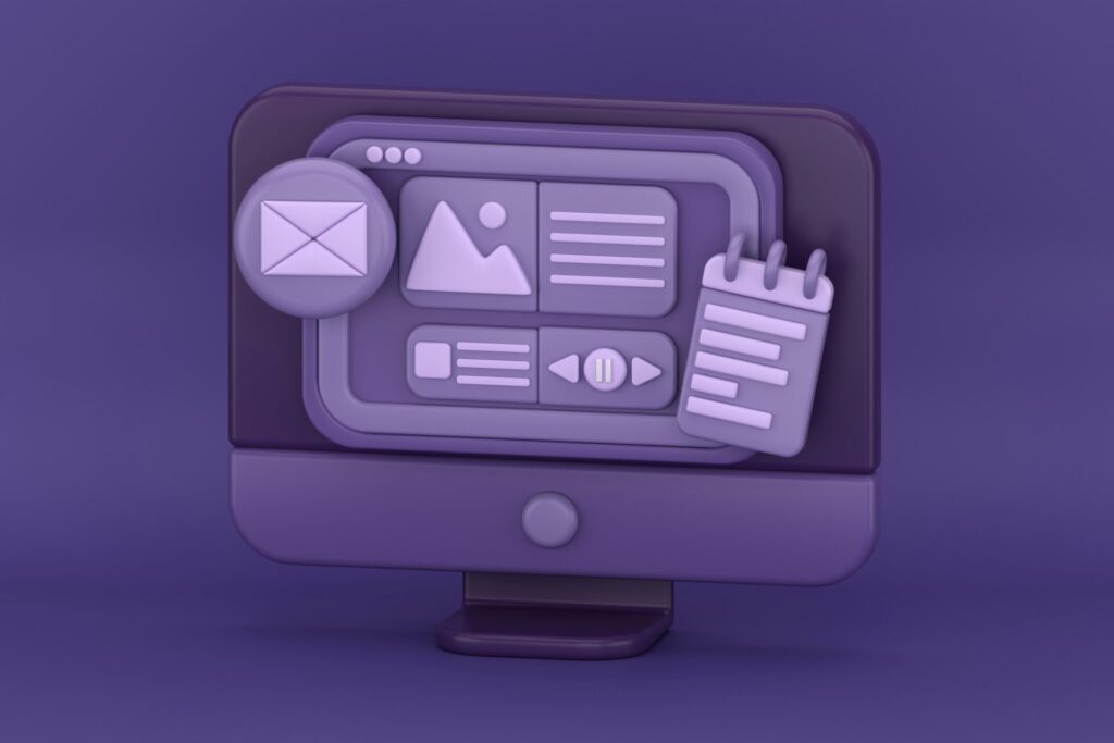 Grafik eines Computers mit Symbolen für E-Mail, Bild, Textinhalt und Notizen, auf lila Hintergrund, ideal für digitale Medien und Webdesign.