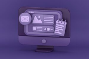 Grafik eines Computers mit Symbolen für E-Mail, Bild, Textinhalt und Notizen, auf lila Hintergrund, ideal für digitale Medien und Webdesign.