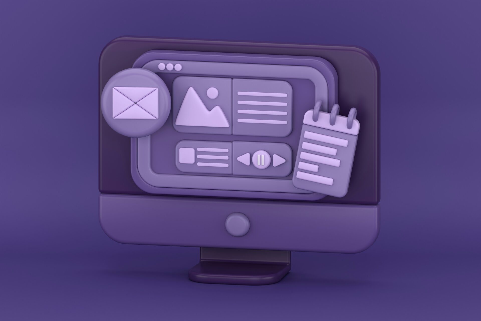 Grafik eines Computers mit Symbolen für E-Mail, Bild, Textinhalt und Notizen, auf lila Hintergrund, ideal für digitale Medien und Webdesign.