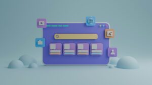 Grafische Darstellung einer Suchmaschinenoberfläche mit verschiedenen Symbolen für Medien, Dateien und Benutzerprofile. Die Benutzeroberfläche zeigt eine Suchleiste und mehrere Kacheln, die als Ergebnisse angezeigt werden, auf einem farbenfrohen Hintergrund.