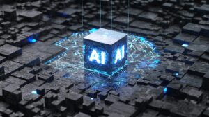 Grafik eines schwebenden Würfels mit der Aufschrift "AI" vor einem futuristischen, digitalen Hintergrund aus schwarzen und blauen geometrischen Formen, der künstliche Intelligenz symbolisiert.