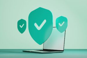 Grafik eines Laptops mit schützenden Symbolen in Form von Schilden und Häkchen, die Sicherheit und Datenschutz im digitalen Raum symbolisieren.