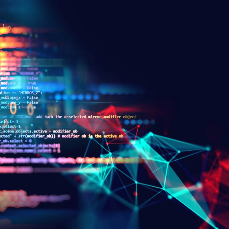 Abstrakte Darstellung von Programmiercode mit bunten Datenvisualisierungen und geometrischen Formen, die Technologie und digitale Innovation symbolisieren.