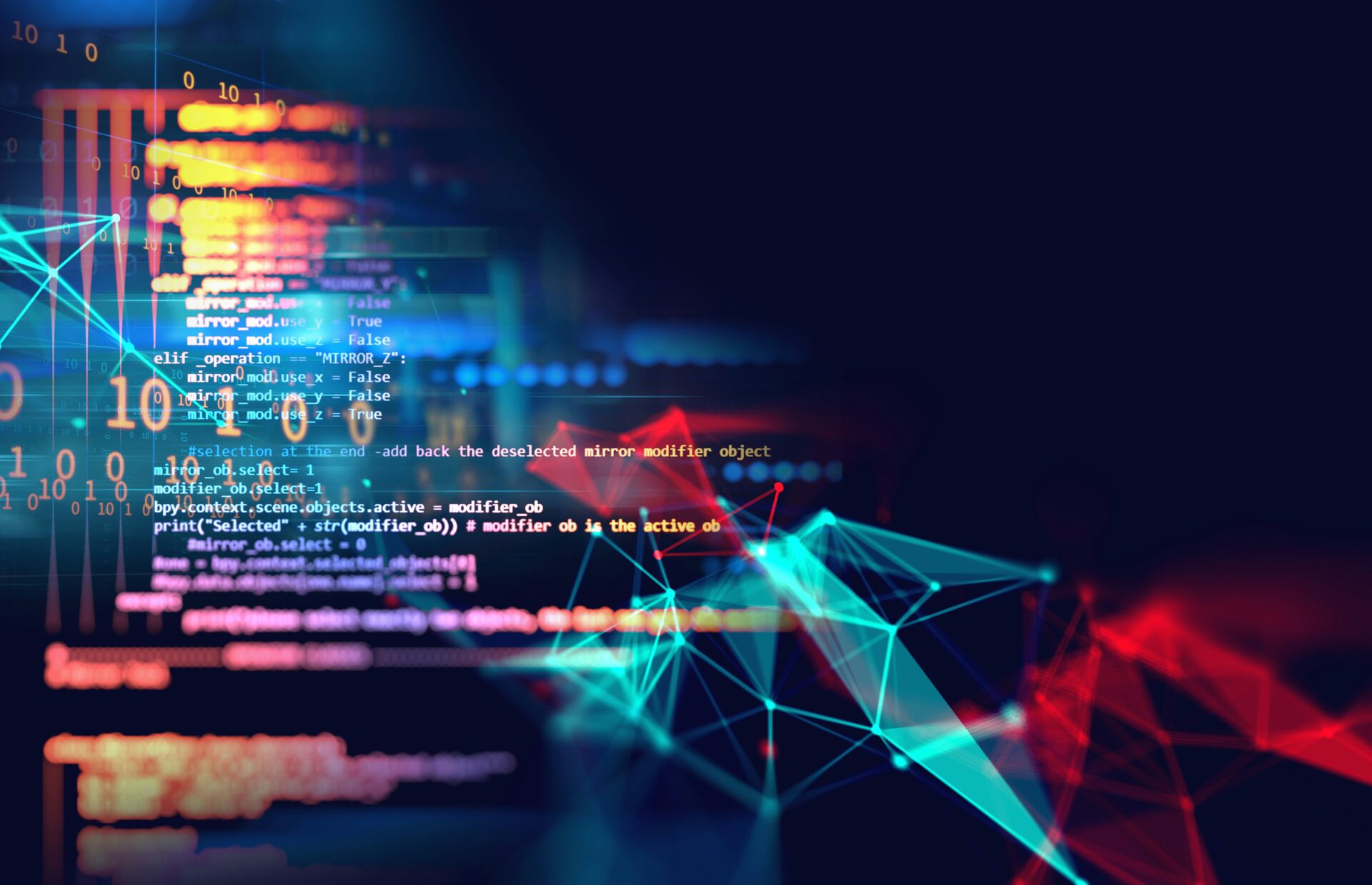 Abstrakte Darstellung von Programmiercode mit bunten Datenvisualisierungen und geometrischen Formen, die Technologie und digitale Innovation symbolisieren.
