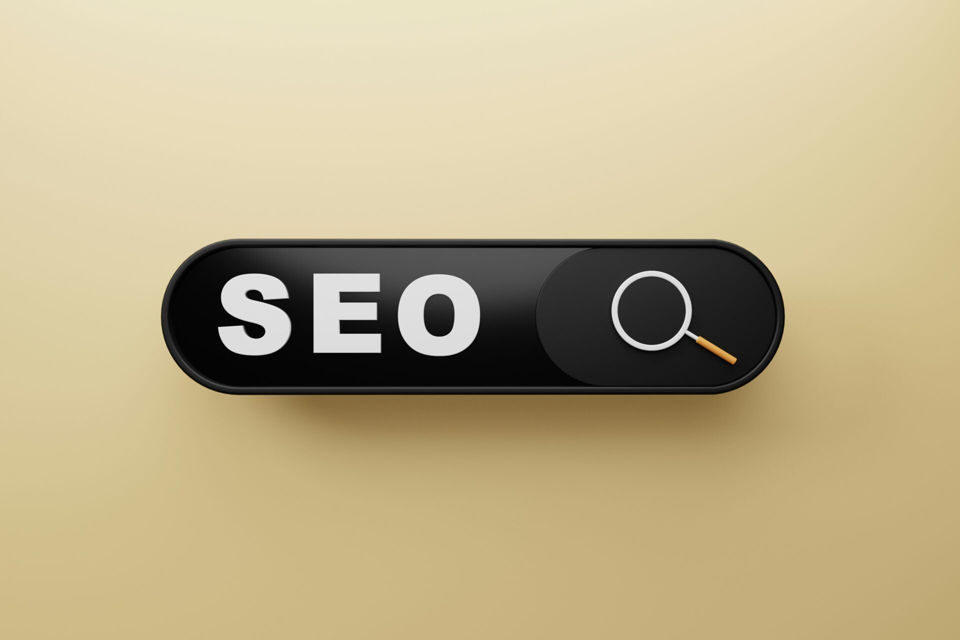 Schaltfläche mit dem Text "SEO" und einer Lupe auf einem goldenen Hintergrund, symbolisiert Suchmaschinenoptimierung und digitale Sichtbarkeit.