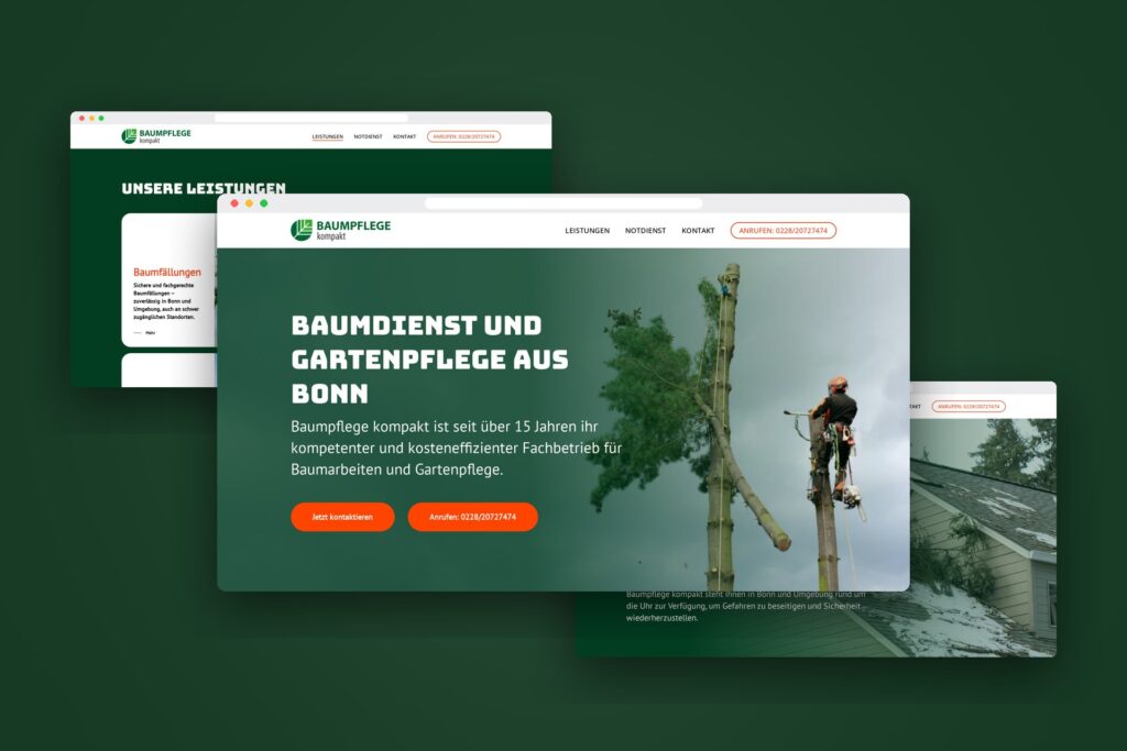 Mehrere Ansichten der Website von Baumpflege kompakt in Browserfenstern auf grünem Hintergrund