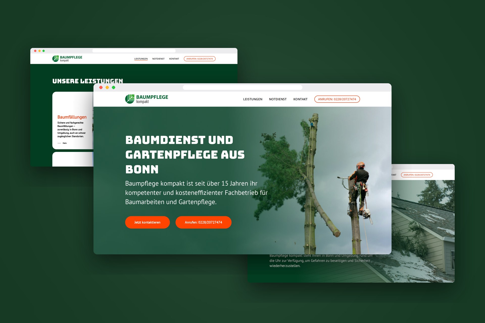 Mehrere Ansichten der Website von Baumpflege kompakt in Browserfenstern auf grünem Hintergrund