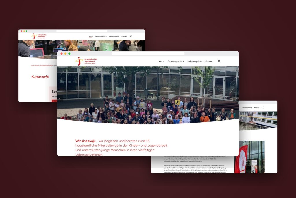 Mehrere Ansichten der Website des Evangelischen Jugendwerks Sieg • Rhein • Bonn in Browserfenstern auf dunkelrotem Hintergrund