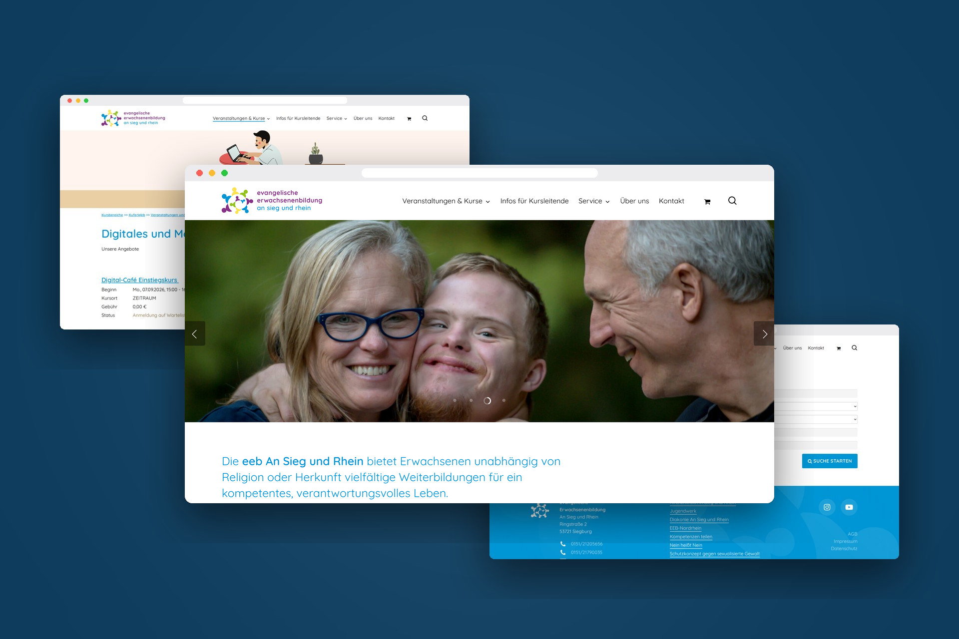 Mehrere Ansichten der Website der Evangelischen Erwachsenenbildung An Sieg und Rhein in Browserfenstern auf blauem Hintergrund