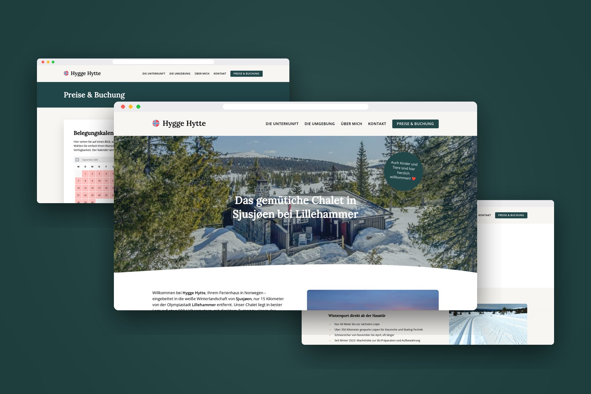 Mehrere Ansichten der Ferienhaus-Website Hygge Hytte in Browserfenstern auf dunkelgrünem Hintergrund
